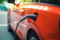 Close up of EV vehicle plug in on charging station for electric cars. Ai Generative