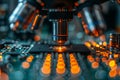 Close up examination of microchip transistor samples under microscope for microprocessor production