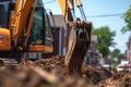 close-up of excavator bucket digging soil