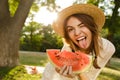 Close up of excited young girl in summer hat Royalty Free Stock Photo