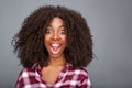 Close up excited young woman laughing with open mouth on gray background Royalty Free Stock Photo