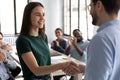 Close up executive shaking successful businesswoman hand at meeting Royalty Free Stock Photo