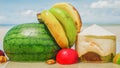 Close up of exotic, tropical fresh fruits on the beach Royalty Free Stock Photo