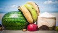 Close up of exotic, tropical fresh fruits on the beach Royalty Free Stock Photo