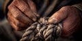 Weathered hands tying complex knot with sturdy rope Royalty Free Stock Photo