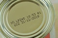 Close-up of 2019 expiration date on canned food