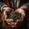 Close-up, expressive shot of a man\'s hands holding plowed soil in a field.