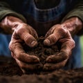 Close-up, expressive shot of a man\'s hands holding plowed soil in a field.