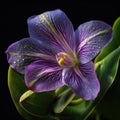 Close-up of an exquisite purple flower with drops of water on its leaves. The flower is surrounded by greenery, which