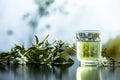 Close up of extract of Indian jasmine flower or juhi or Jasminum Auriculatum on wooden surface in a transparent glass with raw flo