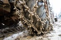 Close-up for extreme big off road 4x4 vehicle wheel with a snow and mud chains.. Extreme off-road 4x4 vehicle with snow and mud Royalty Free Stock Photo