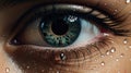 Close up of eye of young woman. Drops of rain and tears on eyelashes