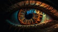 a close up of an eye with a bright orange iris and a blue iris in the center of the iris, with a black background of a black Royalty Free Stock Photo