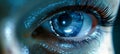 A close-up of an eye, enhanced with futuristic vision technology, against a dark blue backdrop Royalty Free Stock Photo
