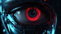 Close-up eye of evil skeleton robot in metal armor. Skull of futuristic cyborg. Technology, robotics, artificial
