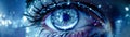 A close-up of an eye with futuristic technology embedded in its iris, creating a captivating image of advanced vision and a