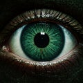 A close-up of an eye with a green iris embedded with digital binary code, resembling a Royalty Free Stock Photo
