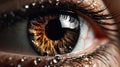 Close-up of an eye, with iris and pupil clearly visible. The eyeball is wet from tears or sweat, giving it shiny Royalty Free Stock Photo