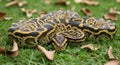 Close-up of a Yellow and Black Python Snake Coiled on Green Grass with Fallen Leaves Royalty Free Stock Photo