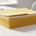 Stack of Yellow Document Folders on a White Desk with Soft Lighting documents paper Royalty Free Stock Photo
