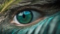 close up of eye A peacock feather near eye and barbs. The feather is colored with teal watercolor,