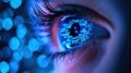 Close-up of an eye reflecting binary code and blue lights