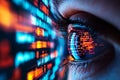 close up of eye reflecting vibrant digital elements and binary code, symbolizing technology and data. intricate details evoke