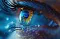 a close up of an eye with tears drop, anamorphic lens