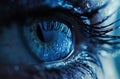 a close up of an eye with tears drop, anamorphic lens