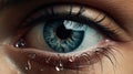Close up of eye of young woman. Drops of rain and tears on eyelashes
