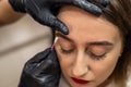 Close-up of an eyebrow designer correcting and touching up eyebrows. Royalty Free Stock Photo