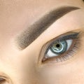 close-up of the eyebrows with the procedure of permanent makeup of the eyebrows macro photography of the eye with eyebrow tattoo