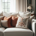 Close up of fabric sofa with white and terra cotta pillows. French country home interior design of modern living room