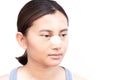 Close up face of asian woman with nose plastic surgery for beauty and cosmetic conept, white background