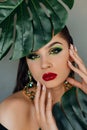 Close up face of beautiful young woman covering by green monstera green palm. Portrait of beauty woman with makeup red lips clear Royalty Free Stock Photo