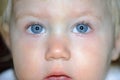 Close-up face of a child, blue eyes of a little girl looking up