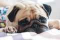 Close up face of Cute pug puppy dog sleeping rest on the bed Royalty Free Stock Photo