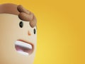 Close up face of 3d rendered cartoon character with opened mouth on yellow background. Activist face, politics, young