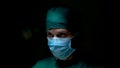 Close-up face eyes doctor in operating room has determined look in eyes, ready perform surgery for patients are in Royalty Free Stock Photo