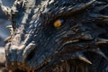 Close up of face of fantasy dragon with yellow eye