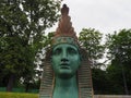 Close up face of green sphinxe sculpture at the pier on the river Malaya Nevka in Saint Petersburg Royalty Free Stock Photo