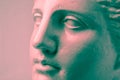 Close up face gypsum copy antique sculpture with craquelure. Red green vaporwave effect. Textured.