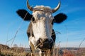 Close-up face of horned black and white cow outdoor. Cow staring and at the camera Royalty Free Stock Photo