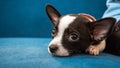 Close up face of little dog, Chihuahua, lay down with his owner,look cutes and lovely