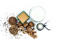 Close up of face mask or face pack of walnut along with flax seed or alsi, almonds,yogurt and milk in a glass bowl   entire raw in Royalty Free Stock Photo