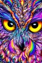 Close-up of the face of an owl with wild eyes. Generative AI