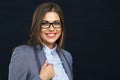 Close up face portrait of smiling business woman wearing eyeglasses.