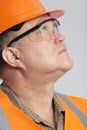 Face profile of thoughtful plump engineer in protective glasses, construction worker in hard hat onstudio background Royalty Free Stock Photo