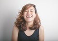 Close up face shot of happily laughing of pretty asian woman model with about 30 years old on black vest shows freshness from her Royalty Free Stock Photo