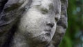 A close up of the face of a statue of a Victorian graveyard angel. With a shallow depth of field and blurred background Royalty Free Stock Photo